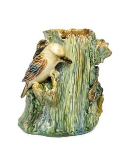 CASTLE HARRIS Australian pottery stump vase with applied kookaburra chasing a lizard, circa 1930 signed Castle Harris on the back