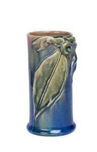 PAMELA Pottery blue glazed earthenware vase with applied gumnut and leaf inscribed "10 Pamela Hand Made 1934"