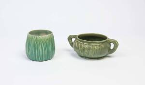 MELROSE WARE Two green glazed gum leaf vases