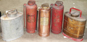 Vintage Fire extinguishers, one polished copper and brass and (2) with original red painted finish plus C.F.A Rega metal spray packs (2). Good condition.