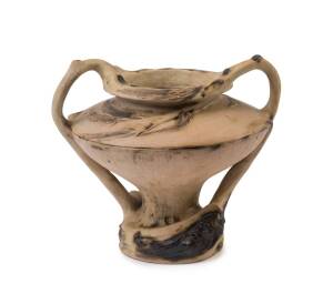 WILLIAM RICKETTS Pottery vase with windswept branch handles, tribal elder and kangaroos