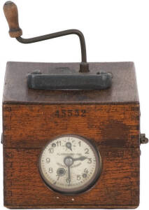 Plasschaert Pigeon racing time clock, serial 43332, housed in an oak case with original patina. Comes with keys (2) and is still loaded with old paper and a collection of Victorian Homing Association related ephemera (24). G/VG condition.