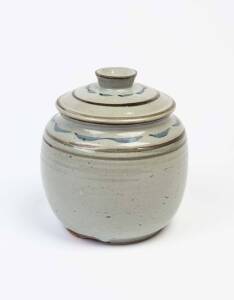 HAROLD HUGHAN Large pottery cannister signed Hughan with monogram pencil inscription "Mrs Stokes 25/-"