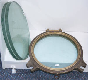 Ships brass porthole window and (2) circular glass porthole panes. 40cm diameter. VG condition.