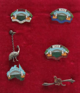 1932 Sydney Harbour Bridge, four different enamel badges; also two silver badges, one showing emu, other kangaroo.