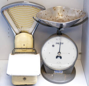 Salter Clock scales, and Yellow enamel grocers scales. Fair condition.