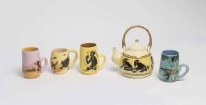 MARTIN BOYD Teapot and group of four assorted pottery mugs