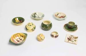MARTIN BOYD Group of assorted pottery items comprising four bowls, teacup and saucer, three sugar bowls (two with lids), salt cellar and bird plaque