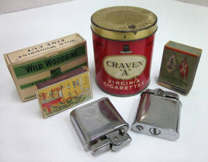 EPHEMERA. Collection of vintage travel brochures, postcards and related material. Also includes a collection of cigarette lighters, matchboxes, tins, books, playing cards, and picture frame. Mixed condition.