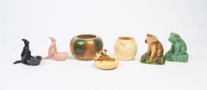 Bendigo pottery vase, gumleaf vase, kookaburra ashtray, pair of kangaroo ashtrays, pair of Sylvac Ware koala statues