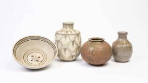Three studio pottery vases and a Phyl Dunn pottery bowl 
