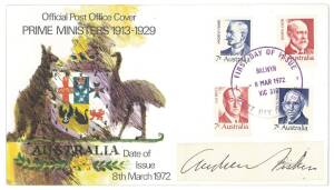 ANDREW FISHER (1862-1928, Australia's 5th Prime Minister, 3 times from 1908 to 1915), signature on piece affixed to 1972 Australian Prime Ministers FDC.