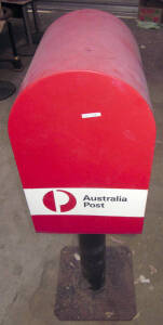 Old cash registers (2) and an Australia Post letter box on black metal stand.