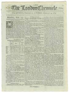 FIRST FLEET & BOTANY BAY: THE LONDON CHRONICLEThe first printed accounts of the Expedition to and the Settlement at Sydney Cove, appeared in issues of the London Chronicle newspaper issued in early 1789. This lot, and the following four lots, comprise the