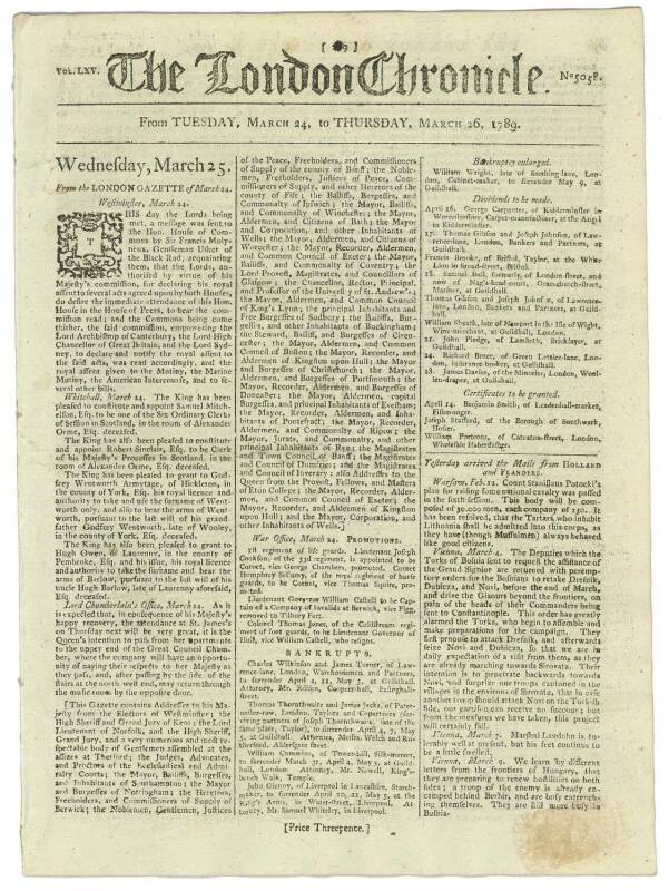 FIRST FLEET & BOTANY BAY: THE LONDON CHRONICLE. The first printed accounts of the Expedition to and the Settlement at Sydney Cove, in issues of the London Chronicle newspaper issued in early 1789:  March 24-26, 1879: A lengthy article, "...Of the convicts