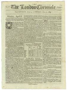 FIRST FLEET & BOTANY BAY: THE LONDON CHRONICLE. The first printed accounts of the Expedition to and the Settlement at Sydney Cove, in issues of the London Chronicle newspaper issued in early 1789:  April 4-7, 1789: Two columns titled "Further Particulars 