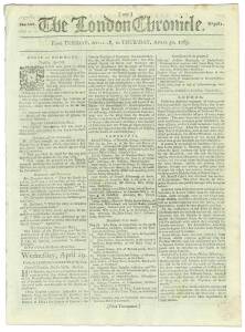 FIRST FLEET & BOTANY BAY: THE LONDON CHRONICLE. The first printed accounts of the Expedition to and the Settlement at Sydney Cove, in issues of the London Chronicle newspaper issued in early 1789:  April 28-30, 1789: Containing a short article, "....The e