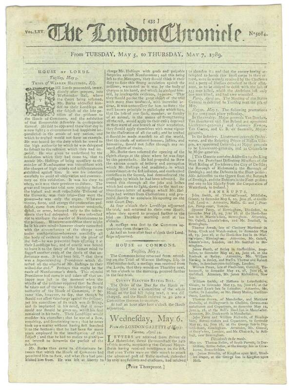 FIRST FLEET & BOTANY BAY: THE LONDON CHRONICLE. The first printed accounts of the Expedition to and the Settlement at Sydney Cove, in issues of the London Chronicle newspaper issued in early 1789:  May 5-7, 1789: Containing a long and detailed "Authentic