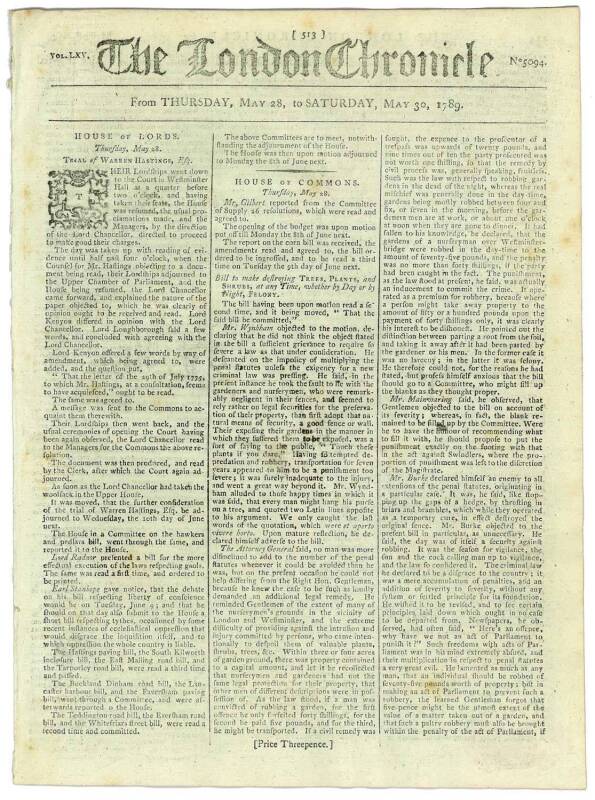 FIRST FLEET & BOTANY BAY: THE LONDON CHRONICLEMay 28-30, 1789: This edition of the newspaper contains an account of life in the Colony written by a woman. It is headed "The following Letter from Port Jackson, dated Nov.14, 1788 is written by a Female Pen.