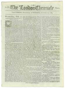 BOTANY BAY & A FEMALE TRANSPORT: THE LONDON CHRONICLE October 20-22, 1789: A small article but a big story; this edition of the paper carries an "Extract of a Letter on board the Lady Juliana, Aitken, for Botany Bay, dated Santa Cruz, Sept.1" in which the