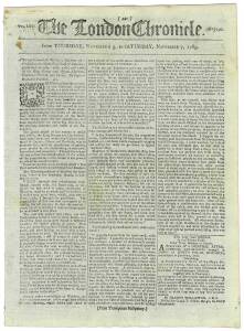 COOK'S VOYAGES, BOTANY BAY & THE SECOND FLEET: THE LONDON CHRONICLE November 5-7, 1789: This edition includes a long (almost full page) commentary on a new book published by Captain Nathaniel Portlock, who had previously accompanied Captain James Cook on 