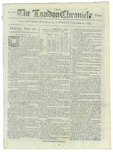 GEORGE BARRINGTON, D'ARCY WENTWORTH & BOTANY BAY: THE LONDON CHRONICLENovember 14-17, 1789: This edition carries a detailed report on an appearance by the notorious pickpocket George Barrington; a further update on the fate of D'Arcy Wentworth and a small