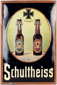 BEER advertisment (c1910), German tin sign, "Schultheiss" beer, showing two bottles emblazoned with the Iron Cross in an oval cartouche, minor surface scratching, 60 x 39cm.