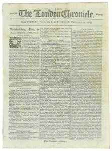 GEORGE BARRINGTON & D'ARCY WENTWORTH: THE LONDON CHRONICLEDecember 8-10, 1789: This edition contains a lengthy and detailed report on Barrington's trial at the Old Bailey; also, a further mention of the notorious D'Arcy Wentworth. Also, a report on a slav