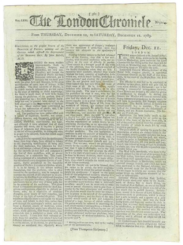 GOVERNOR PHILIPS & PORT JACKSON: THE LONDON CHRONICLEDecember 10-12, 1789: Includes a short piece quoting "Philips" [correctly, Phillip] description of Port Jackson and Sydney Cove, of which he says "Here was the finest spring water, and ships can anchor