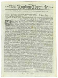 GOVERNOR PHILIPS & PORT JACKSON: THE LONDON CHRONICLEDecember 10-12, 1789: Includes a short piece quoting "Philips" [correctly, Phillip] description of Port Jackson and Sydney Cove, of which he says "Here was the finest spring water, and ships can anchor 