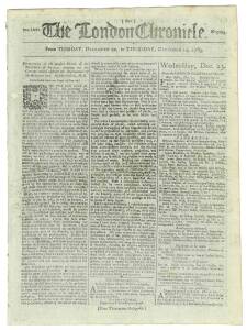 CONVICTS & GOVERNOR PHILIP: THE LONDON CHRONICLEDecember 22-24 & 24-26, 1789: the first edition carries a report regarding the launch of the new ship Discovery, to be commanded by Captain Roberts; another, reporting on the delivery of 100 more convicts fr