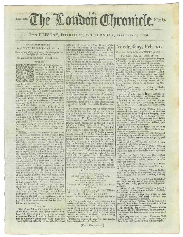 THE TRAGIC IMPACT OF SMALL POX: THE LONDON CHRONICLEFebruary 22-24, 1791: An edition carrying good and bad news; the first being a report on the exemplary behavoiur of two convicts, Richard Pugh and Elizabeth Morgan, who "....are stationed at Norfolk Isla