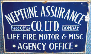 ENAMEL SIGNS: Vintage and antique advertising signs for "National Insurance Company of N.Z Limited Fire Marine & Accident", "Law Union & Rock Insurance Company LTD. Fire-Accident", "Neptune Assurance Co. LTD....". Approx 40 x 30cm each. G/VG condition.