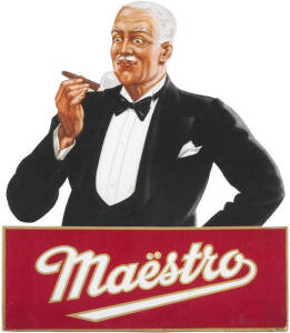 c1920s German point of sale Tobacco advertisement, "Maestro". Free standing cardboard cut out of a gent in tuxedo smoking a cigar. Minor fold to cigar and corners, in very nice condition otherwise, 43 x 26cm.