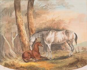 COLLARD, Anna Sarah Rachel (nee Wauch) [1824-1904] (attrib.)(A mare and her foal)Watercolour on paper, 20 x 25cmPROVENANCE: Removed from the Eliott Family scrapbook which had originally been owned by Jane Richards.The painting is believed to depict the ma