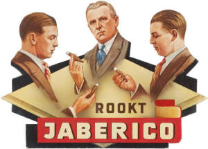 c1920s Dutch Tobacco point of sale advertisement, "ROOKT JABERICO", Lithographed free standing cardboard cut out depicting three gents smoking cigars, 34 x 25cm, in very good condition.