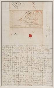 AN EARLY INWARDS LETTER TO A SMALL TASMANIAN VILLAGE1838 (Aug.7) lengthy cross-written entire social letter from England to "Thomas Rawling, Bull Inn, Prossers Plains, Van dienab Land" with unframed "PAID AT BRISTOL" handstamp and rated 1/-; with "PAID SH