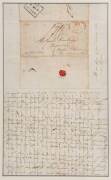 AN EARLY INWARDS LETTER TO A SMALL TASMANIAN VILLAGE1838 (Aug.7) lengthy cross-written entire social letter from England to "Thomas Rawling, Bull Inn, Prossers Plains, Van dienab Land" with unframed "PAID AT BRISTOL" handstamp and rated 1/-; with "PAID SH