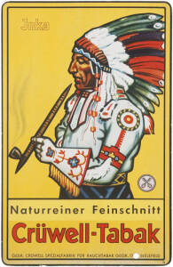 c1920s German Tobacco advertisement, "Cruwell-Tabak", free standing cardboard point of sale sign showing an American Indian Chief smoking a peace pipe, vivid yellow background and in excellent condition. 38 x 24cm.