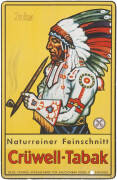 c1920s German Tobacco advertisement, "Cruwell-Tabak", free standing cardboard point of sale sign showing an American Indian Chief smoking a peace pipe, vivid yellow background and in excellent condition. 38 x 24cm.