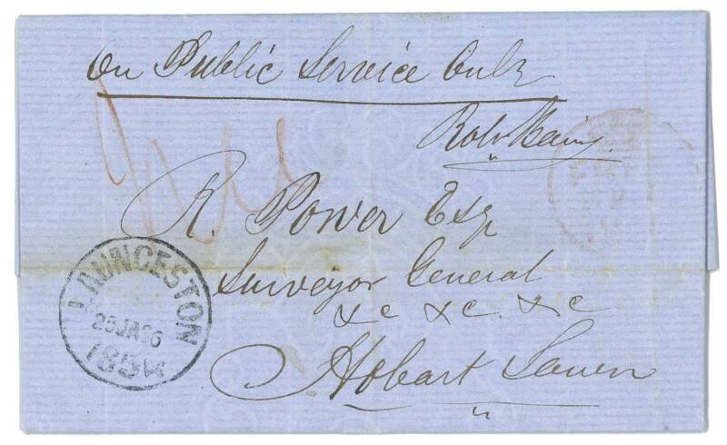 A REQUEST TO BUY LAND NEAR LAUNCESTON1854 (Jan.25) "On Public Service Only" (countersigned "Robt Bain" entire letter from LAUNCESTON to the Surveyor General in Hobart Town; written by William Johnstone who is seeking to exercise his right to purchase 500