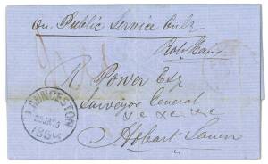 A REQUEST TO BUY LAND NEAR LAUNCESTON1854 (Jan.25) "On Public Service Only" (countersigned "Robt Bain" entire letter from LAUNCESTON to the Surveyor General in Hobart Town; written by William Johnstone who is seeking to exercise his right to purchase 500 