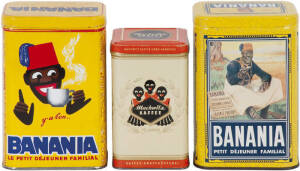 Negro Collectables: c1920s-30s coffee advertising tins, "BANANIA Le Petit Dejeuner Familial" (2), and "Mackwitz KAFFEE", brightly coloured in yellows, blues and red. Excellent condition. 18cm (2) and 14cm.