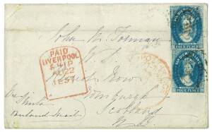 A LETTER FROM HOBART CARRIED ON THE IRON STEAM-SHIP "SIMLA"1857 (May) envelope to Scotland, endorsed "per "Simla" overland mail" with 2 x 4d Van Diemens Land imperforate stamps paying double the standard letter rate, with a fine Liverpool "tombstone" arri