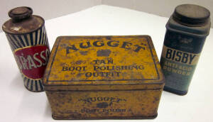 Antique and vintage tins and advertising boxes, "Nugget Polish", "Brasso", "Swallow", "Treacle", etc. G/VG condition.