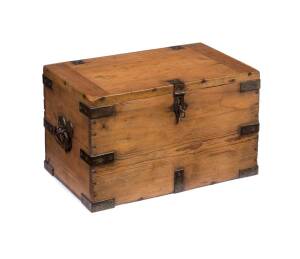 A convict built pine box with metal handles and strapping stamped with broad arrow in several places, early 19th century