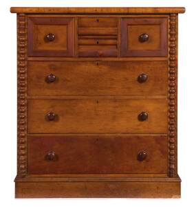 **A Tasmanian huon pine chest of drawers with half bobbin turnings, mid 19th century