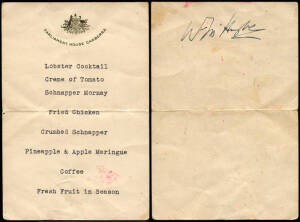 WILLIAM HUGHES (1862-1952, 7th Prime Minister of Australia), signature on reverse of "Parliament House Canberra" menu card.