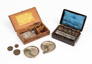 A set of pocket gold scales in oak box by "W.T Avery" of Birmingham together with a set of Analyte Pty Ltd weights in bakelite box, mid 19th and early 20th century 