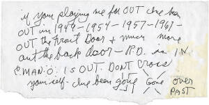 CHARLES MANSON (1934- , American criminal), handwritten note, signed in the note MAN (and drawing of a sun for end of surname); also signed "CM" with a smiley face written on his initials. Note with stain on corner that does not affect signatures.